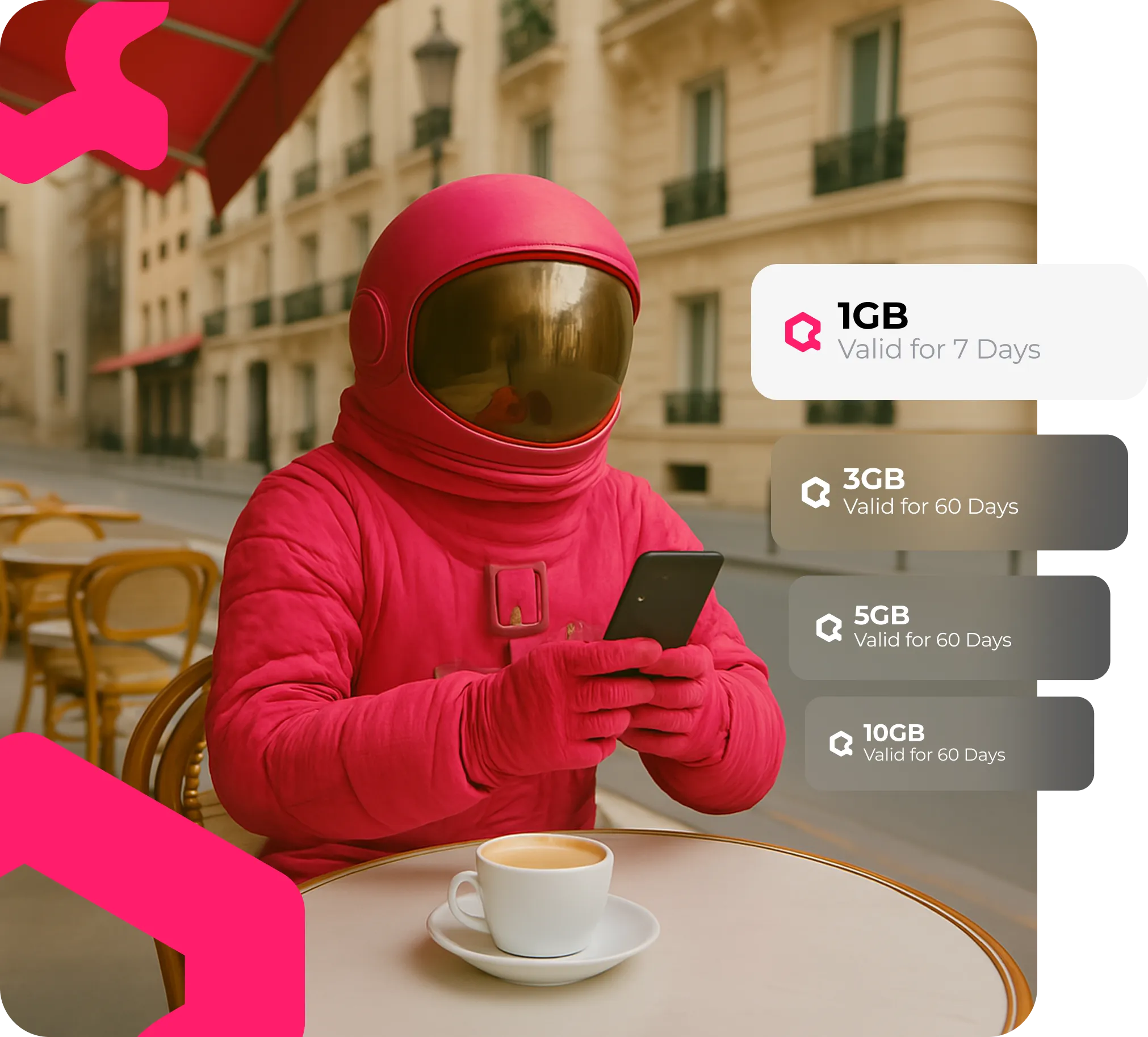 Person in red suit using phone at cafe